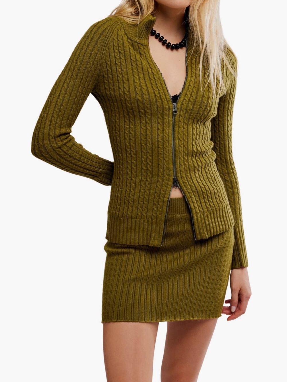 Free People Eliza Cable Zip Down Sweater and Skirt Two piece Set NWT